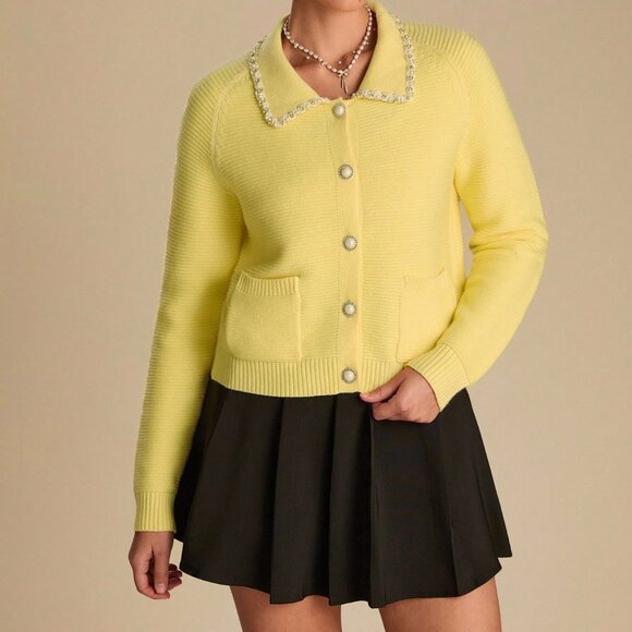 Yellow Elegant Women's Beaded Sequin Cardigan Sweater - Picture 5 of 7